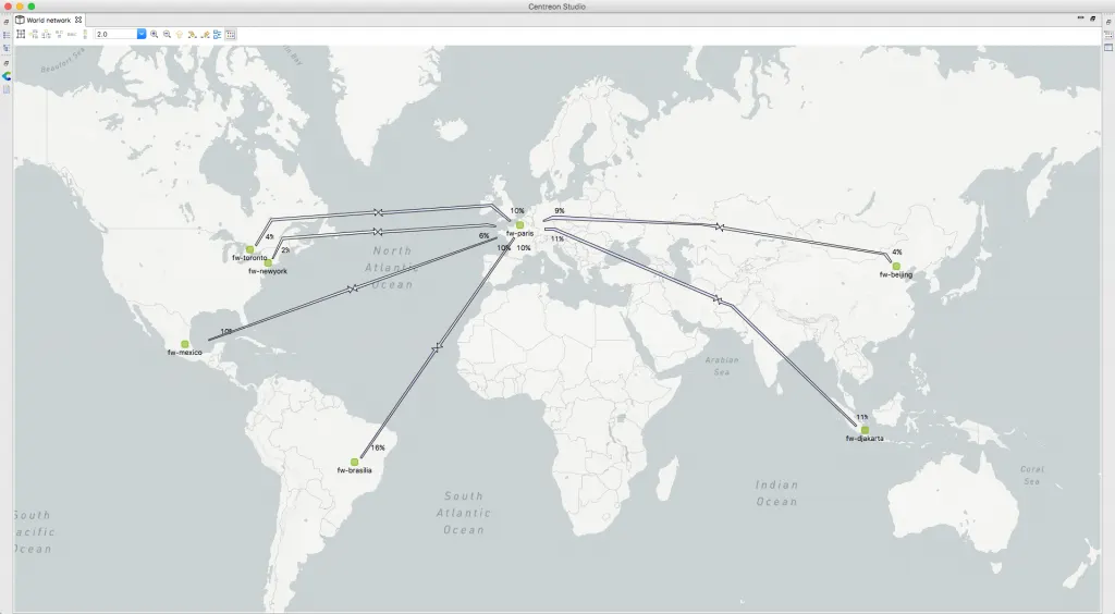 Vue géographique Centreon MAP : carte du monde avec la disponibilité des firewalls et les liens réseau entre les sites, dont Paris, New York, Mexico, Brasilia et Pékin