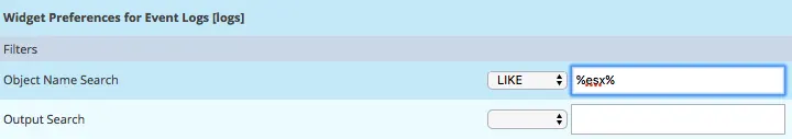 Event Logs widget preferences in Centreon: object name search filter LIKE %esx% to keep only events of ESX servers
