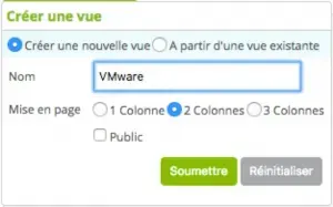 Fenêtre « Créer une vue » de Centreon : création d'une nouvelle vue nommée VMware avec une mise en page sur 2 colonnes