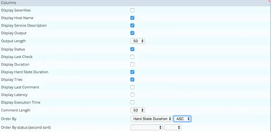 Préférences du widget Service Monitoring, colonnes affichées : hôte, service, sortie, statut, durée d'état hard et essais, tri par Hard State Duration croissant