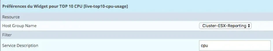 Préférences du widget TOP 10 CPU : groupe d'hôtes Cluster-ESX-Reporting et filtre sur le service cpu