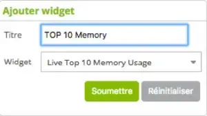 Fenêtre « Ajouter widget » de Centreon : ajout d'un widget Live Top 10 Memory Usage intitulé TOP 10 Memory