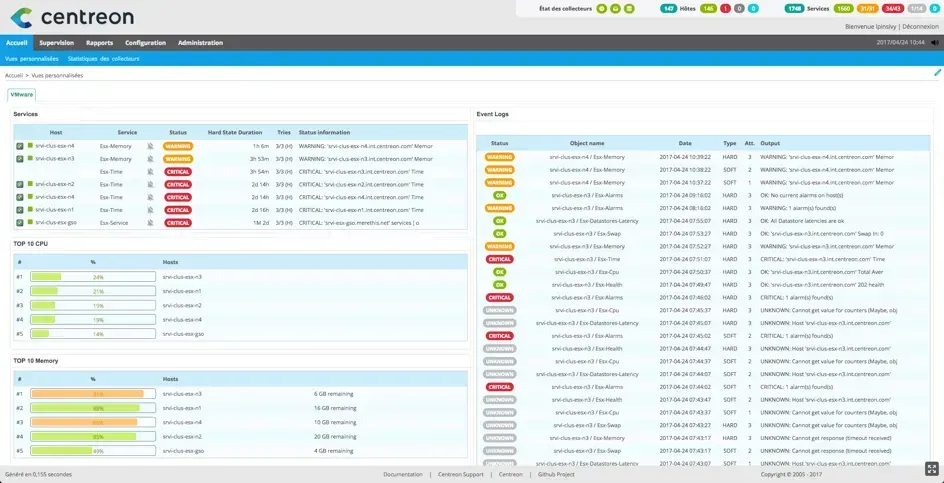 Vue personnalisée VMware dans Centreon : widgets Services, Event Logs, TOP 10 CPU et TOP 10 Memory pour les serveurs ESX
