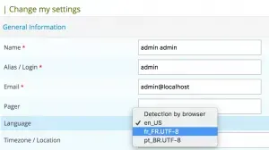 Change my settings form of the Centreon user profile, with the Language list offering en_US, fr_FR.UTF-8 and pt_BR.UTF-8