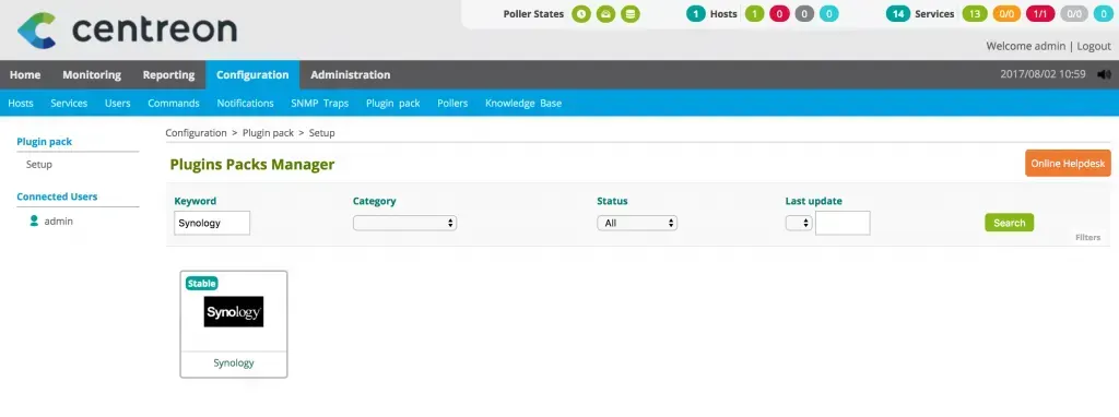 Centreon Plugin Packs Manager filtered on Synology, showing the Stable Synology Plugin Pack