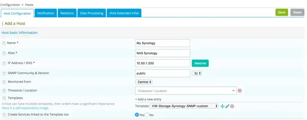 Centreon Add a Host form for My Synology (10.50.1.200): SNMP community public, version 2c, template HW-Storage-Synology-SNMP-custom