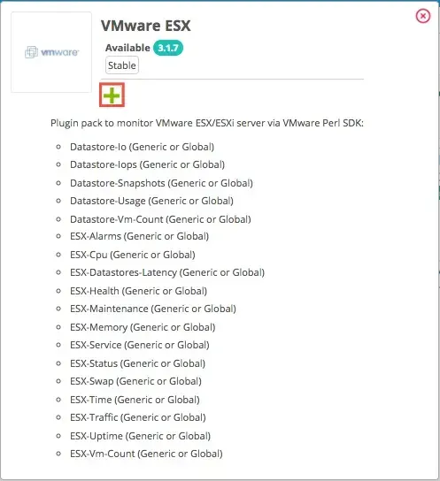 VMware ESX Plugin Pack 3.1.7, Stable, with its install button and service templates such as Datastore-Io, ESX-Cpu, ESX-Health, ESX-Memory and ESX-Traffic