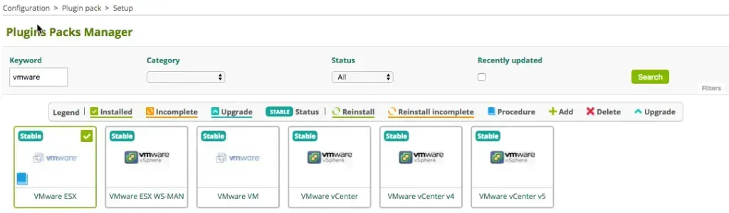 Centreon Plugin Packs Manager with the VMware ESX Plugin Pack now installed