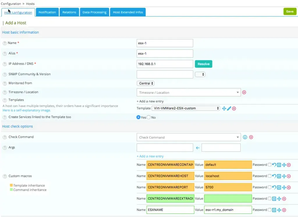 Centreon Configuration > Hosts, Add a Host form for esx-1 with the Virt-VMWare2-ESX-custom template and VMware connector macros (container, host, port 5700, ESX name)