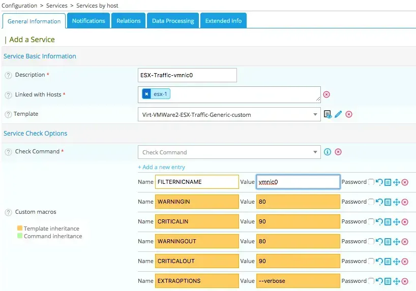 Centreon Add a Service form: ESX-Traffic-vmnic0 service on host esx-1 with interface filter vmnic0 and 80/90 % warning and critical thresholds