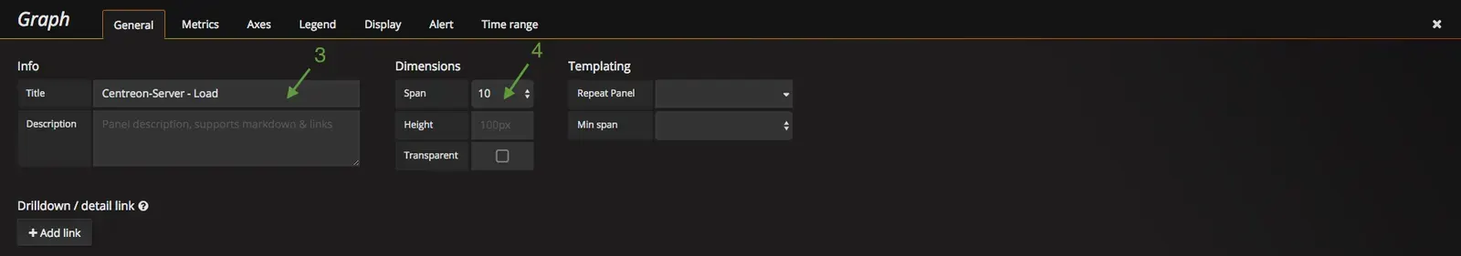 Grafana Graph panel, General tab: title Centreon-Server - Load and span set to 10
