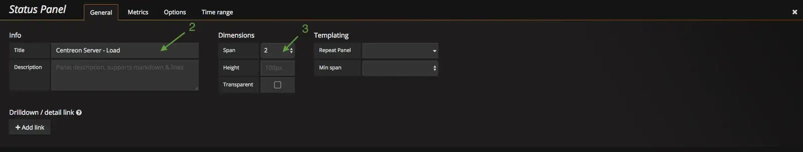 Grafana Status Panel, General tab: title Centreon Server - Load and span set to 2