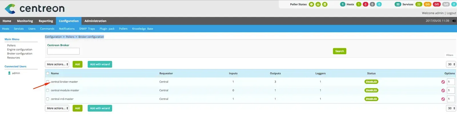 Centreon Configuration > Pollers > Broker configuration list, with the central-broker-master configuration to edit