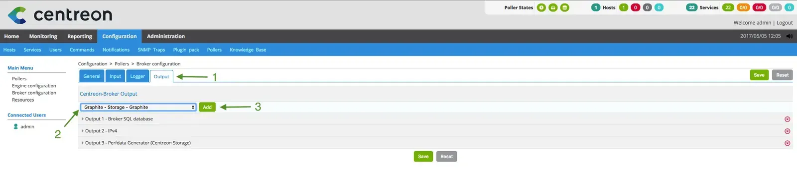 Output tab of the central-broker-master configuration in Centreon, with the Graphite - Storage - Graphite output type selected before clicking Add