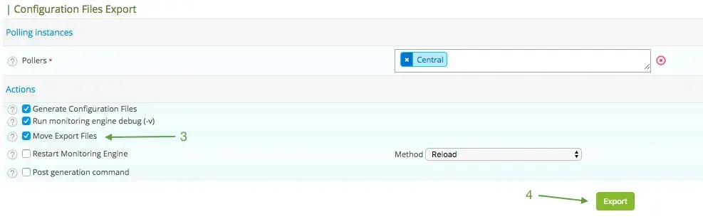 Centreon Configuration Files Export for the Central poller: Generate Configuration Files, Run monitoring engine debug and Move Export Files checked, then Export