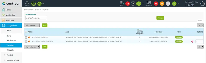 Centreon Configuration > Hosts > Templates: Cloud-Aws-Ec2-Instance and Cloud-Aws-Ec2-Instance-custom host templates, both enabled