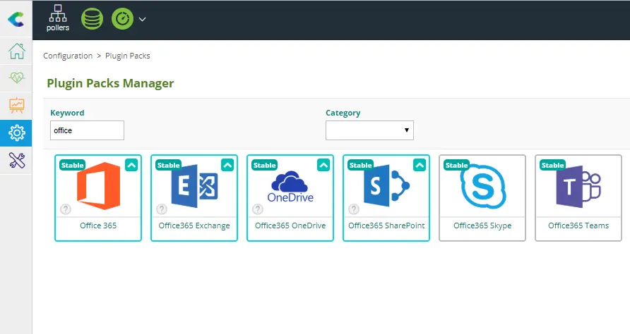 Centreon Plugin Packs Manager filtered on office: Office 365, Exchange, OneDrive, SharePoint, Skype and Teams Plugin Packs, all Stable