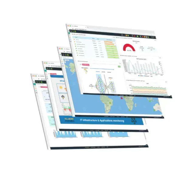 Several stacked Centreon views: business availability dashboard, performance graphs and an IT infrastructure and applications monitoring map