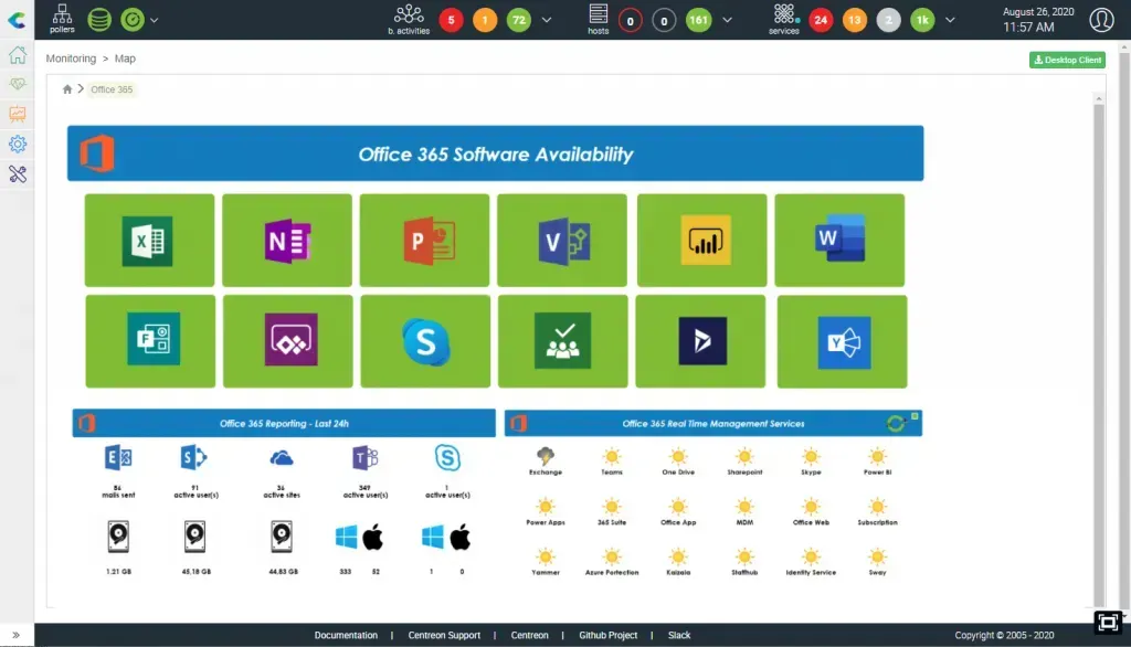 Centreon MAP view Office 365 Software Availability: status of each Office 365 application, last 24h reporting and real-time management services