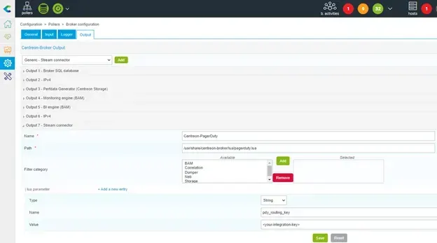 Centreon-PagerDuty stream connector output in Centreon Broker: path to pagerduty.lua and pdy_routing_key lua parameter holding the integration key