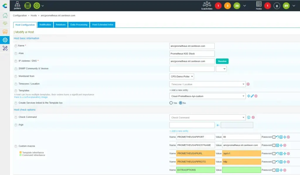 Centreon host configuration for the Prometheus server amzprometheus.int.centreon.com with the Cloud-Prometheus-Api-custom template and API macros (port 80, /api/v1, http)