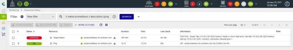 Centreon Resources Status for the Prometheus host: Ping service OK and Target Status service CRITICAL because a target is down