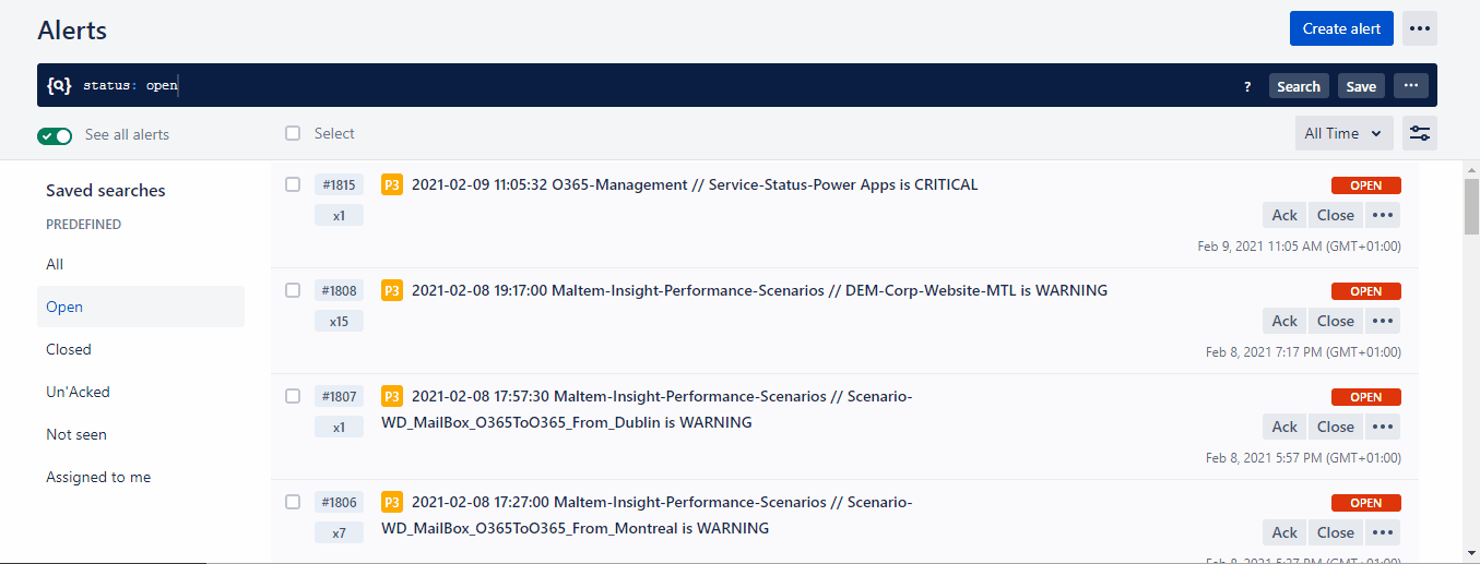 Opsgenie Alerts page listing open alerts received from Centreon, such as Service-Status-Power Apps CRITICAL and Office 365 mailbox scenarios in WARNING