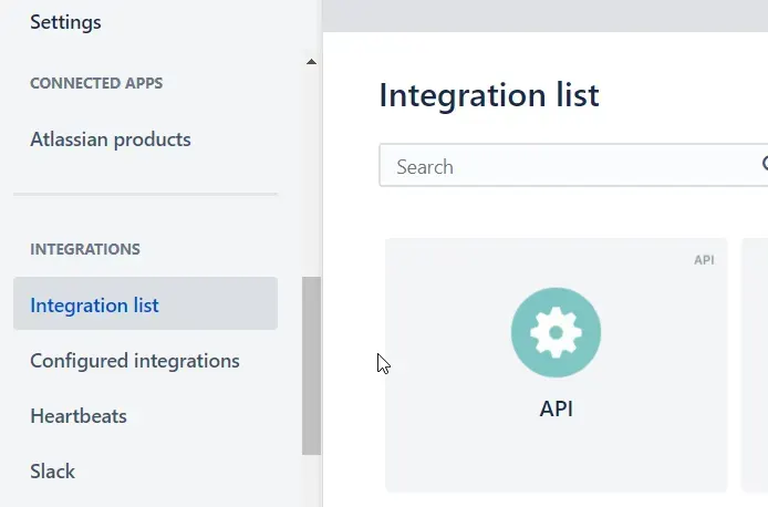 Opsgenie Settings > Integration list with the API integration used to create incidents