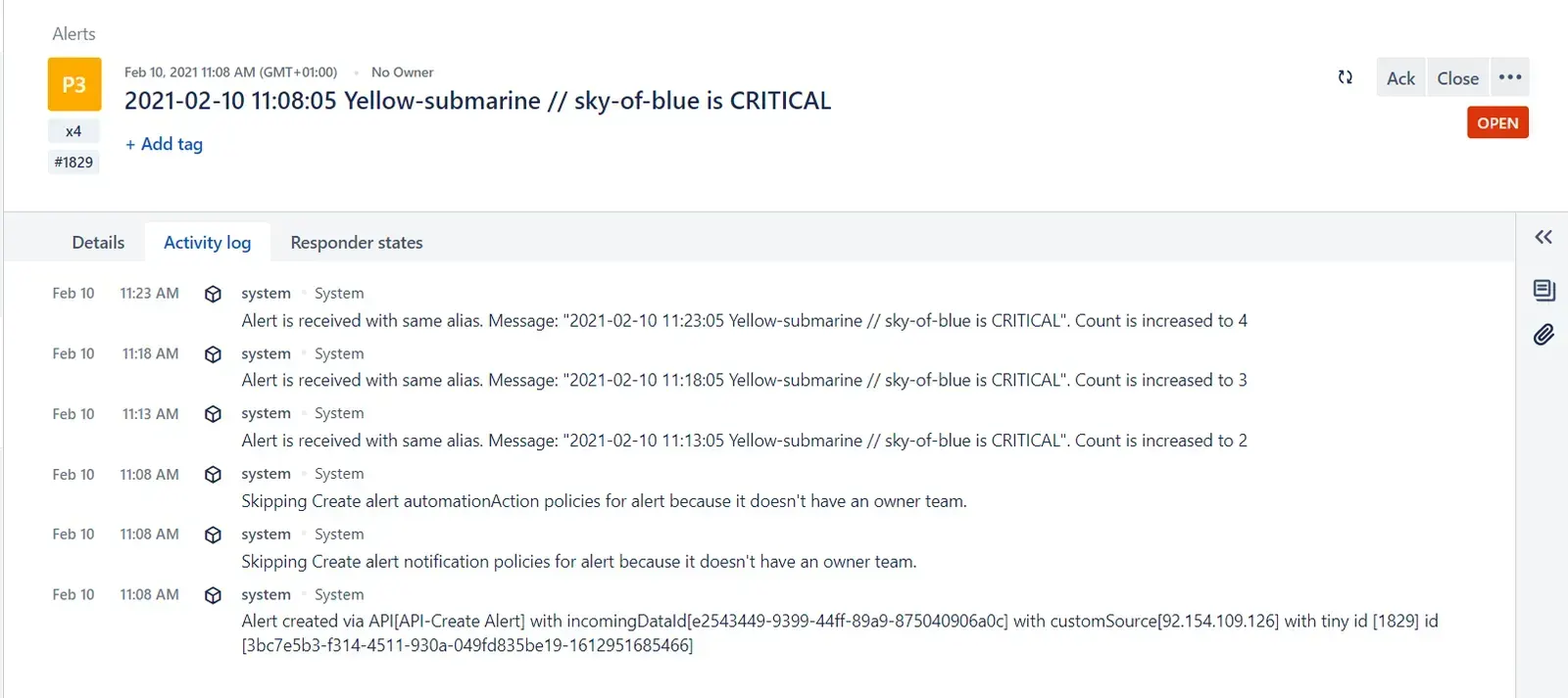 Activity log of the Opsgenie alert Yellow-submarine // sky-of-blue is CRITICAL, created via API with its count increased by each new Centreon notification