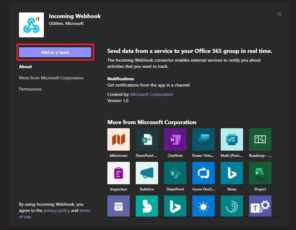 Incoming Webhook app page in Microsoft Teams with the Add to a team button highlighted