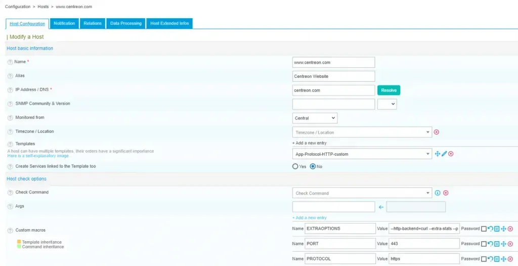 Centreon Configuration > Hosts form for www.centreon.com using the App-Protocol-HTTP-custom template, with EXTRAOPTIONS, PORT 443 and PROTOCOL https macros