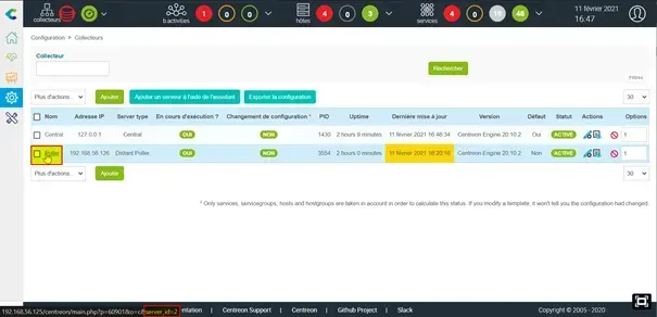 Centreon Configuration > Pollers page with the poller link highlighted, its ID (server_id=2) visible in the URL at the bottom of the page
