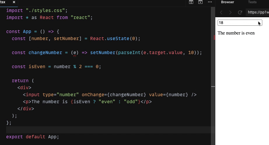 React code using the useState hook to store a number and display whether it is even, with the rendered result in the browser