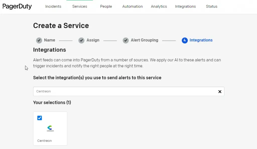 PagerDuty Create a Service wizard, Integrations step, with the Centreon integration selected