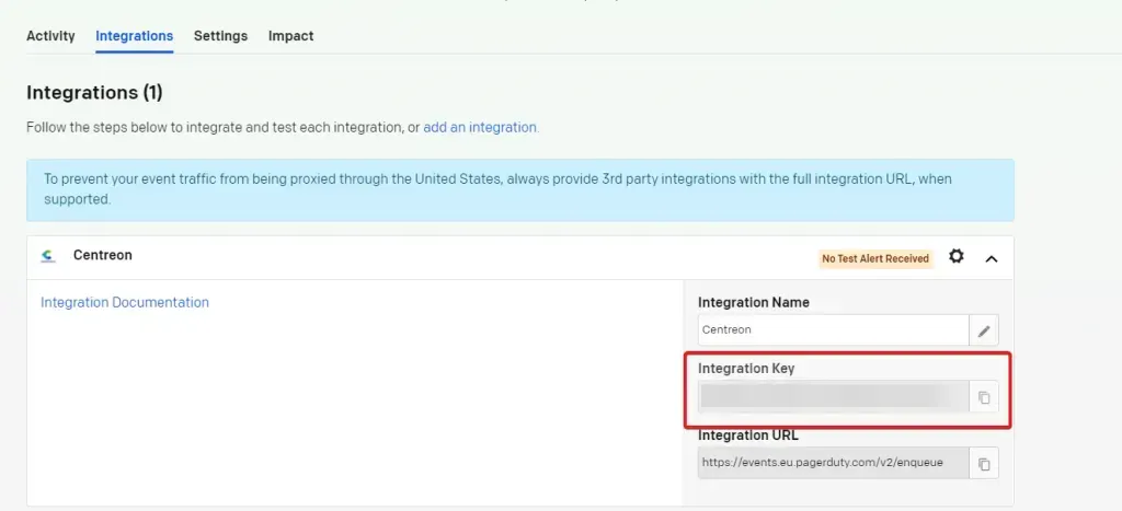 PagerDuty service Integrations tab for the Centreon integration, with the Integration Key field highlighted and the events integration URL