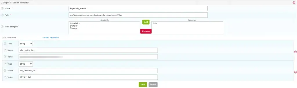 Centreon Broker stream connector output for PagerDuty: pagerduty-events Lua script path with pdy_routing_key and pdy_centreon_url parameters