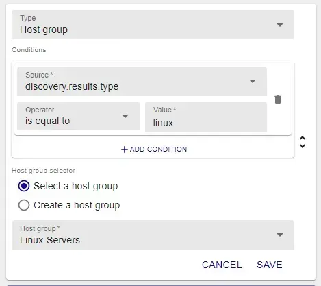 Centreon discovery mapper adding every discovered host of type linux to the Linux-Servers host group
