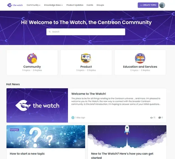 Home page of The Watch, the Centreon Community, with Community, Product and Education and Services categories and Hot News
