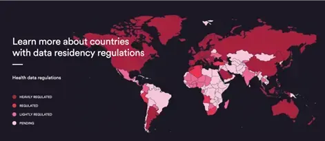 World map of countries by level of health data regulation (heavily regulated, regulated, lightly regulated, pending)