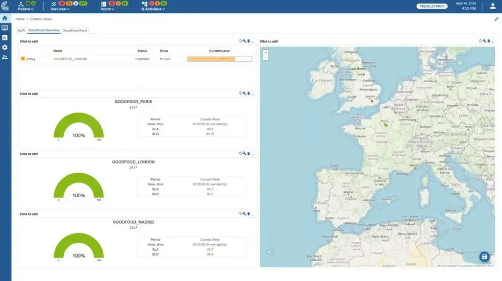 Centreon geographical view: map of Europe showing sites, with 100% availability gauges for the GOODFOOD_PARIS, GOODFOOD_LONDON and GOODFOOD_MADRID business activities