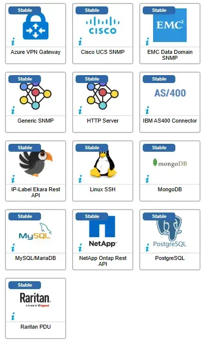 13 Centreon monitoring connectors fixed in March 2025, including Azure VPN Gateway, Cisco UCS SNMP, EMC Data Domain, Generic SNMP, HTTP Server, Linux SSH, MongoDB, MySQL, PostgreSQL and Raritan PDU