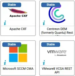4 new Centreon monitoring connectors in January 2026, all Stable: Apache CXF, Centreon DEM (formerly Quanta) Rest API, Microsoft SCCM CMA and VMware8 VCSA REST API