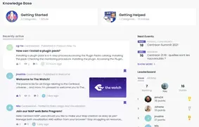 The Watch community platform for Centreon users and partners: knowledge base, recently active topics, upcoming events and leaderboard