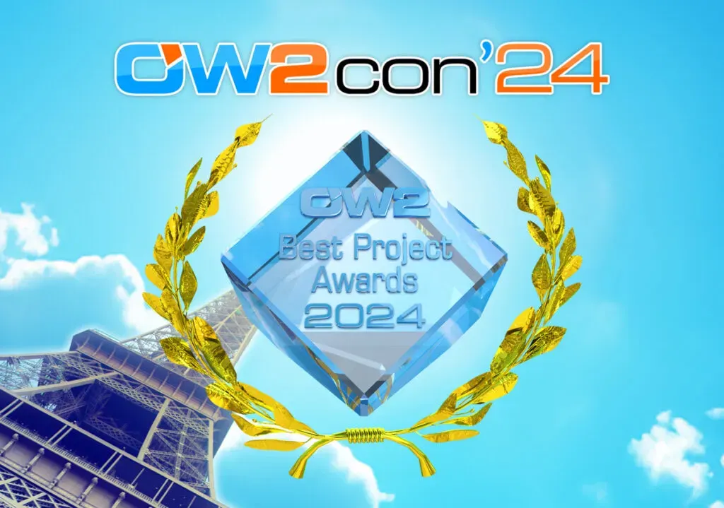 OW2con'24 Best Project Awards 2024 trophy, a crystal award framed by golden laurels, with the Eiffel Tower in the background