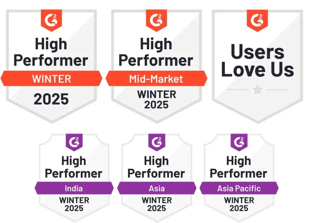 Centreon's six G2 badges for Winter 2025: High Performer, High Performer Mid-Market, Users Love Us, and High Performer for India, Asia and Asia Pacific