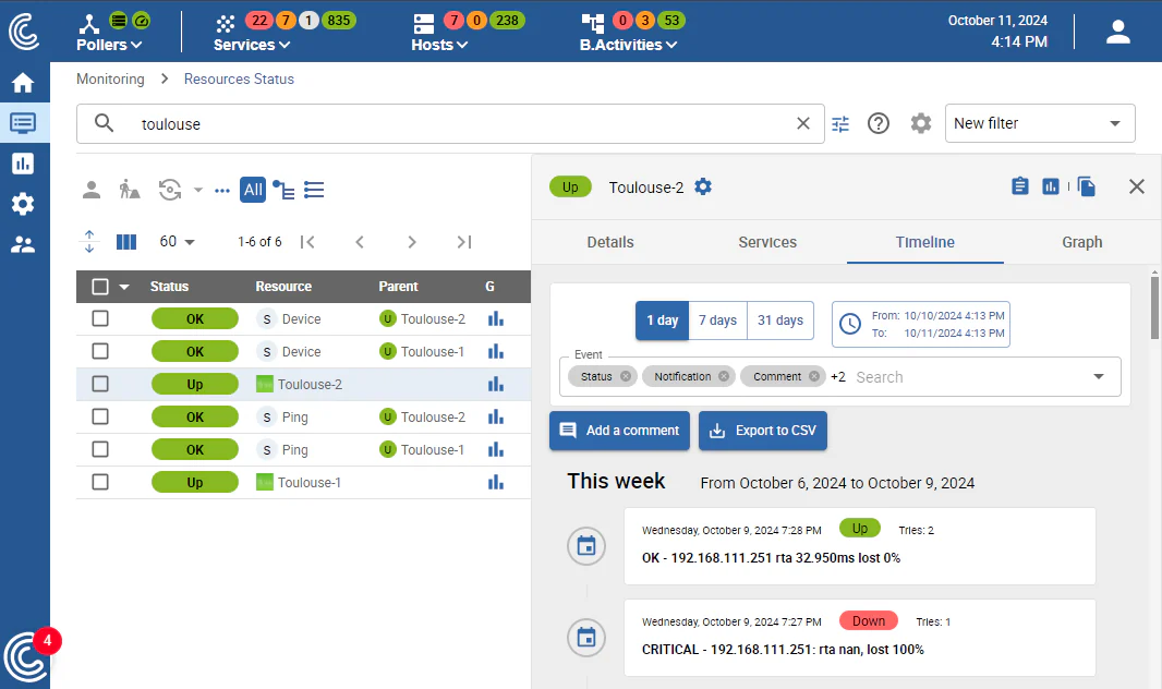 Centreon resource status: timeline of a Cisco Meraki device with OK and critical events