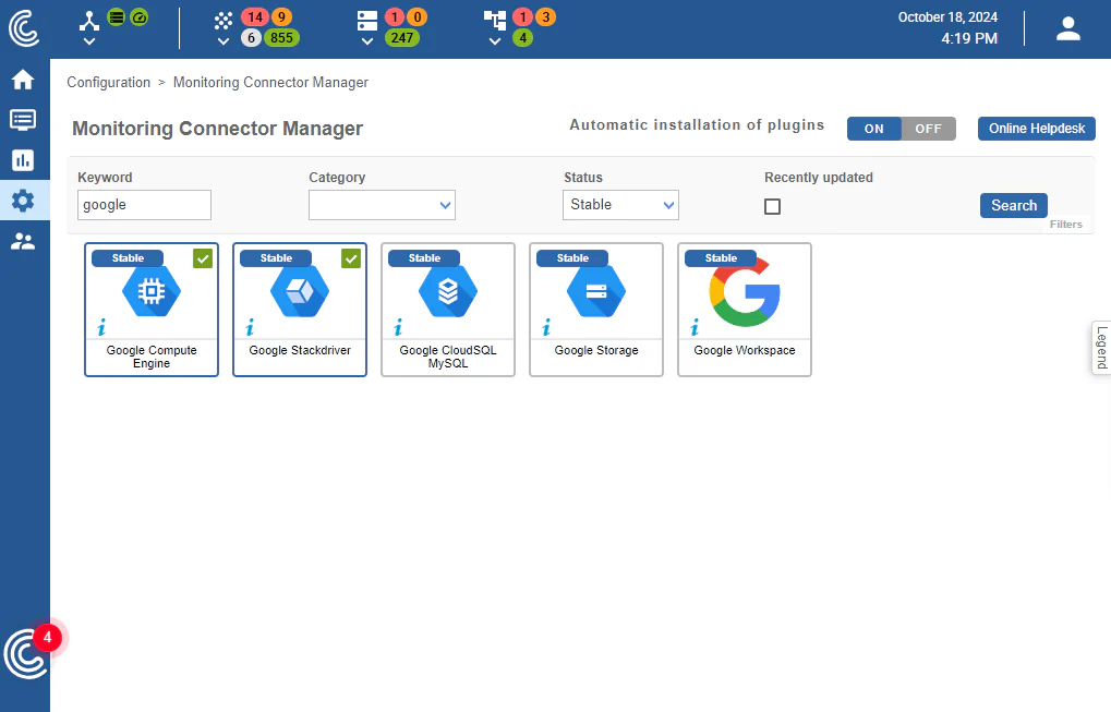Centreon Monitoring Connector Manager: Google Cloud connectors (Compute Engine, Stackdriver, Cloud SQL, Storage, Workspace)